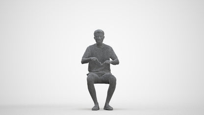3D human model man casual sitting, photogrammetry scanned person for archviz, three-quarter front view render