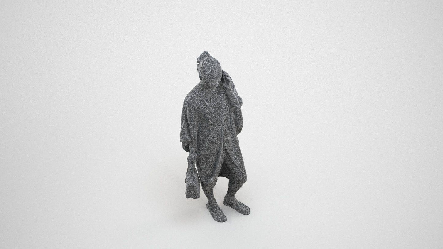 3D human model woman standing, photogrammetry scanned person for archviz, wireframe three-quarter view