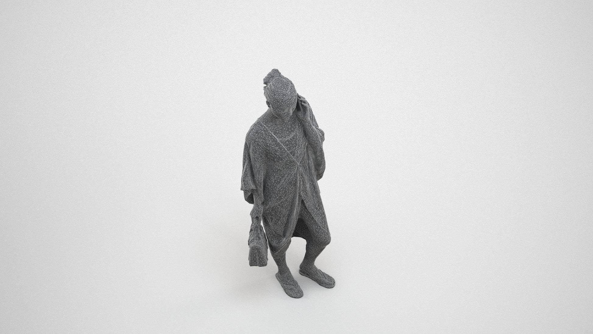 3D human model woman standing, photogrammetry scanned person for archviz, wireframe three-quarter view