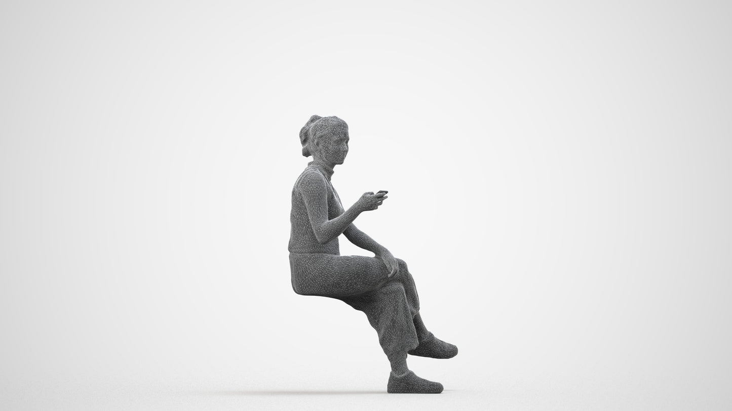 photogrammetry 3D woman casual sitting, realistic human model archviz FBX, wireframe side view