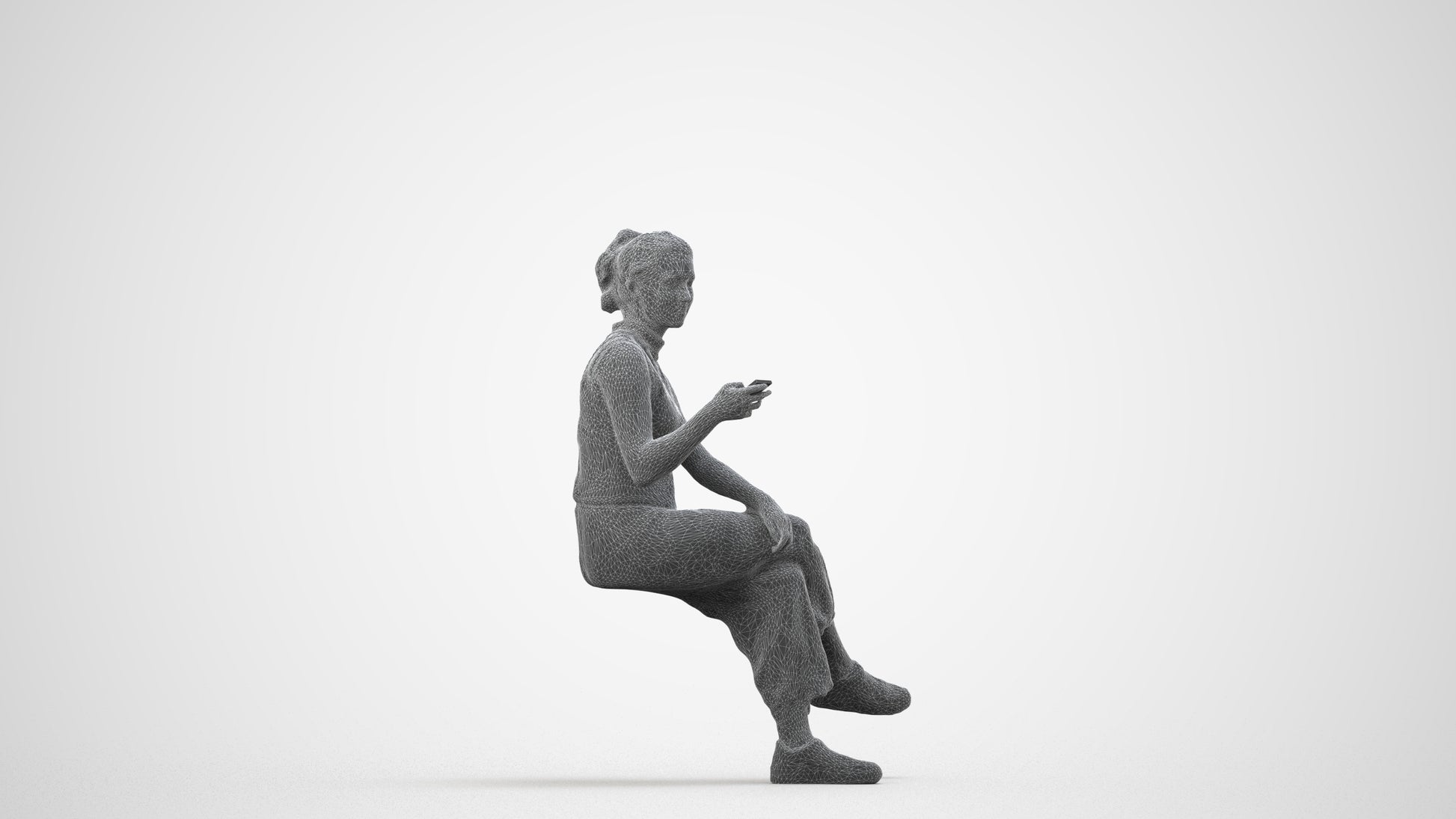 photogrammetry 3D woman casual sitting, realistic human model archviz FBX, wireframe side view