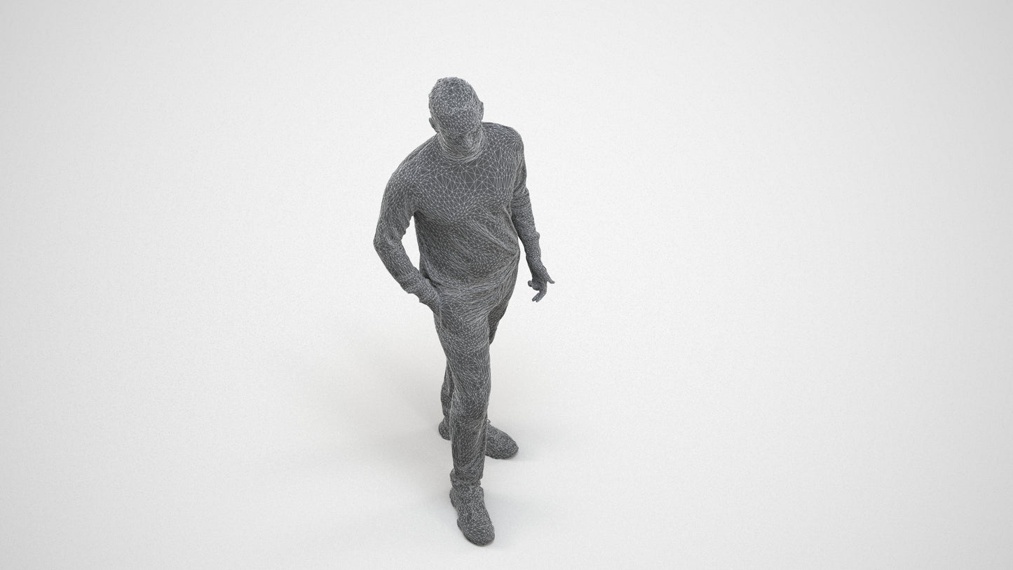 3D scanned man standing casual, photorealistic archviz people for Enscape and SketchUp, wireframe three-quarter view