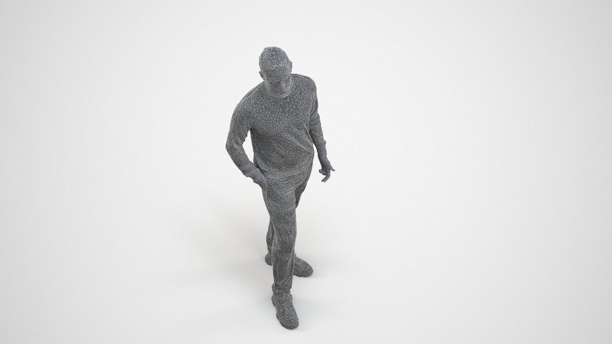3D scanned man standing casual, photorealistic archviz people for Enscape and SketchUp, wireframe three-quarter view
