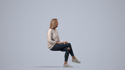 realistic 3D human woman casual sitting, archviz people FBX OBJ for Blender, side view render