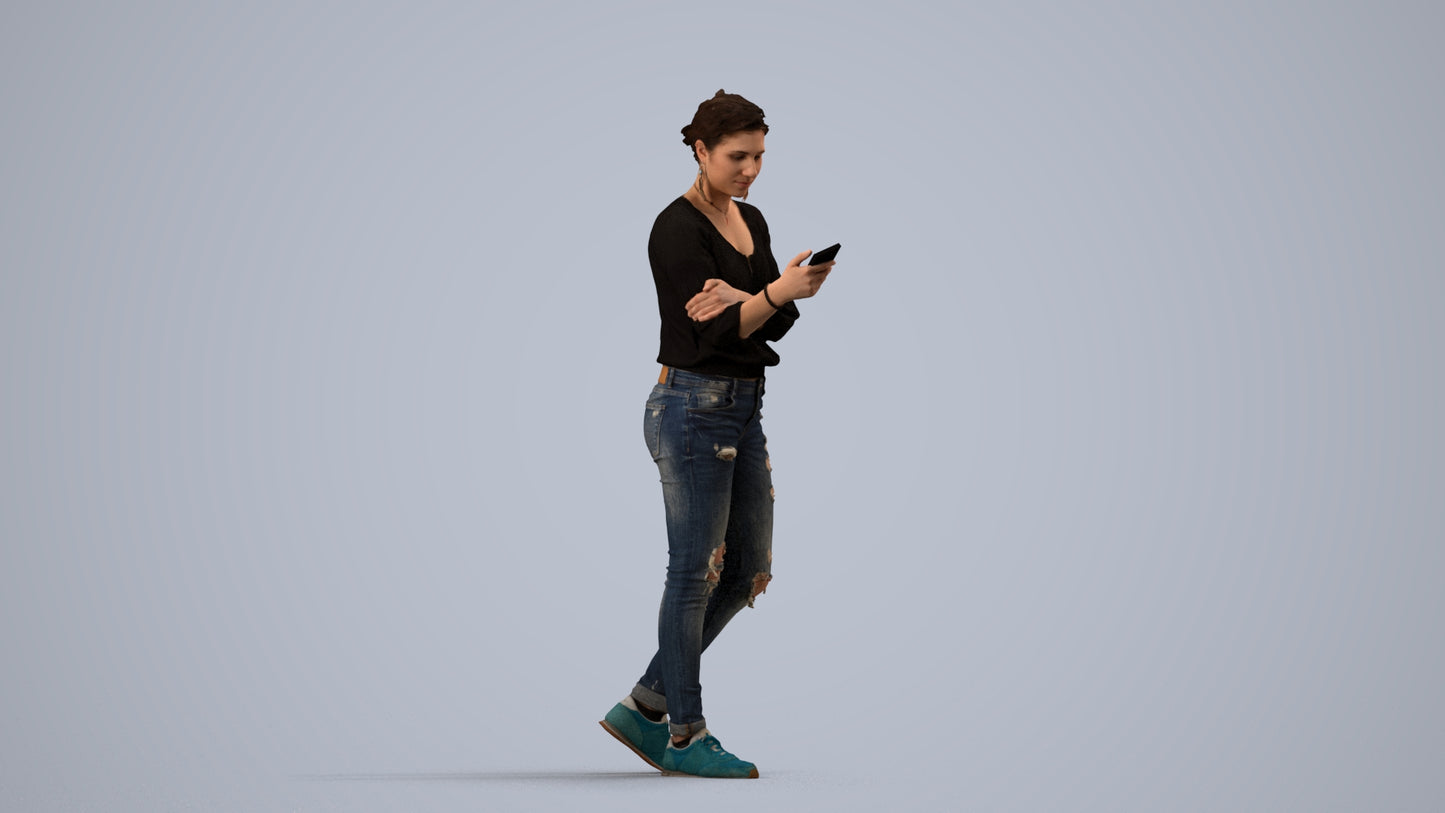 realistic 3D woman casual standing, scanned archviz people for Blender and 3ds Max, side view render