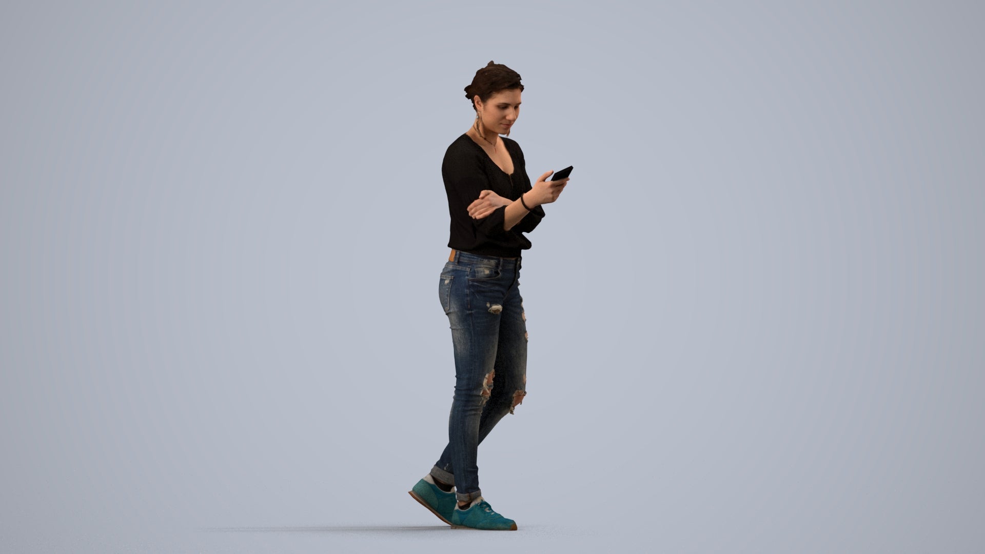 realistic 3D woman casual standing, scanned archviz people for Blender and 3ds Max, side view render