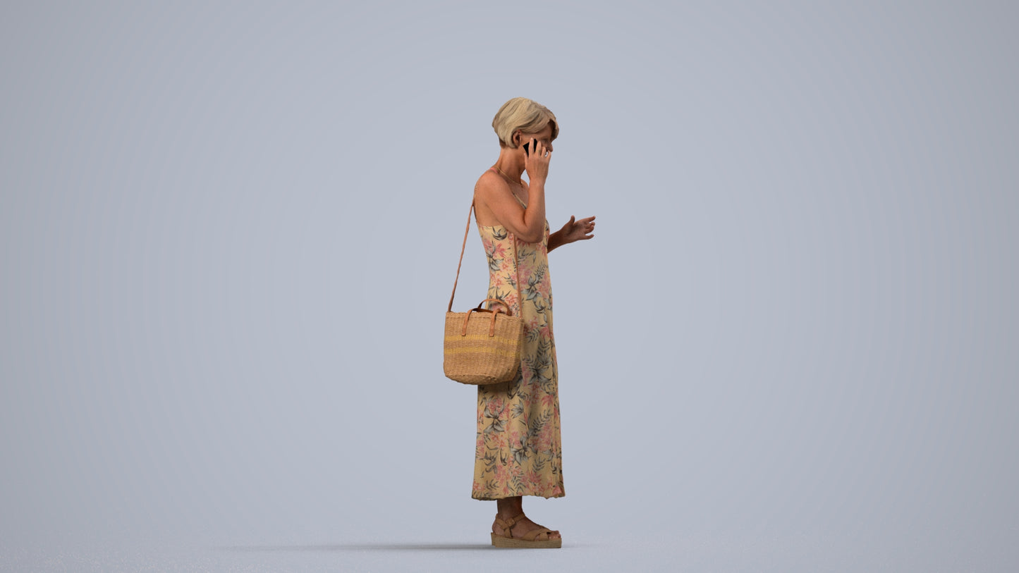 realistic 3D human senior woman standing, archviz people FBX OBJ for Blender, side view render