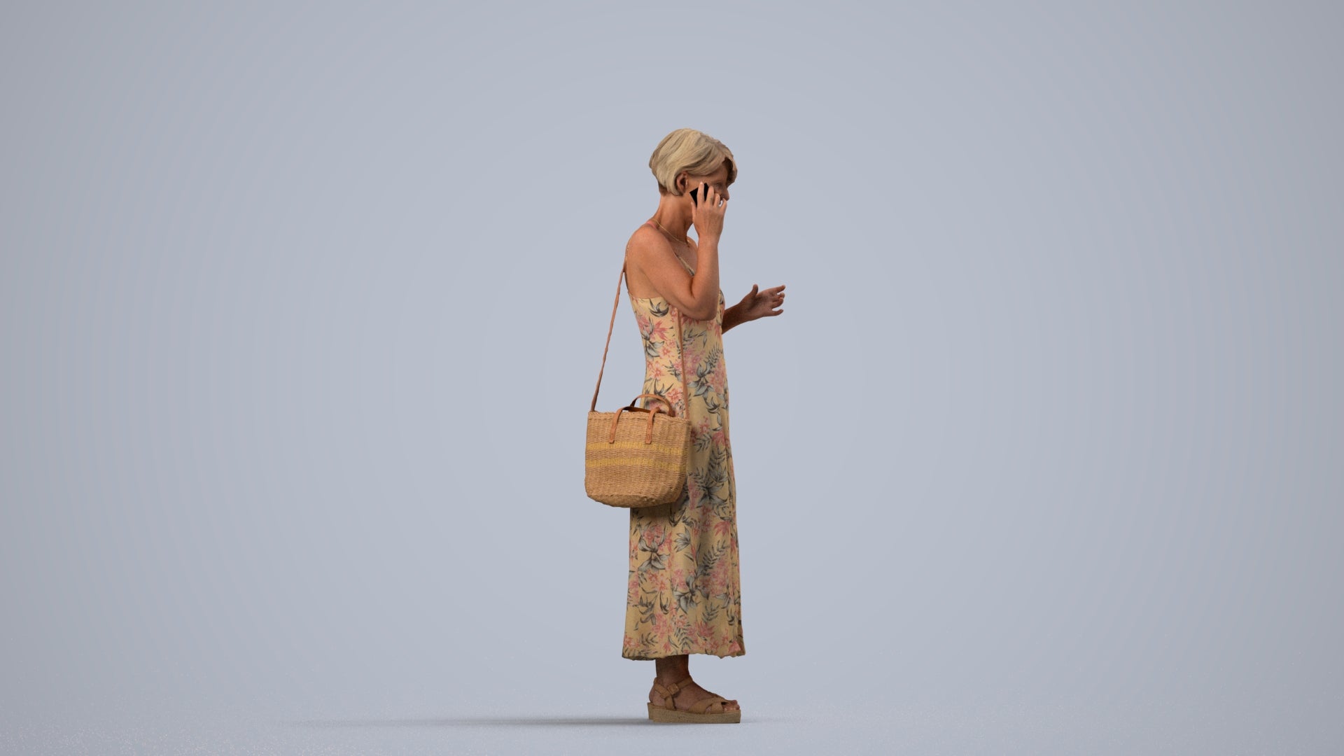 realistic 3D human senior woman standing, archviz people FBX OBJ for Blender, side view render