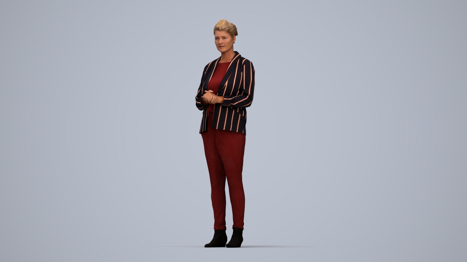 realistic 3D human woman business standing, archviz people FBX OBJ for Blender, top-down view render