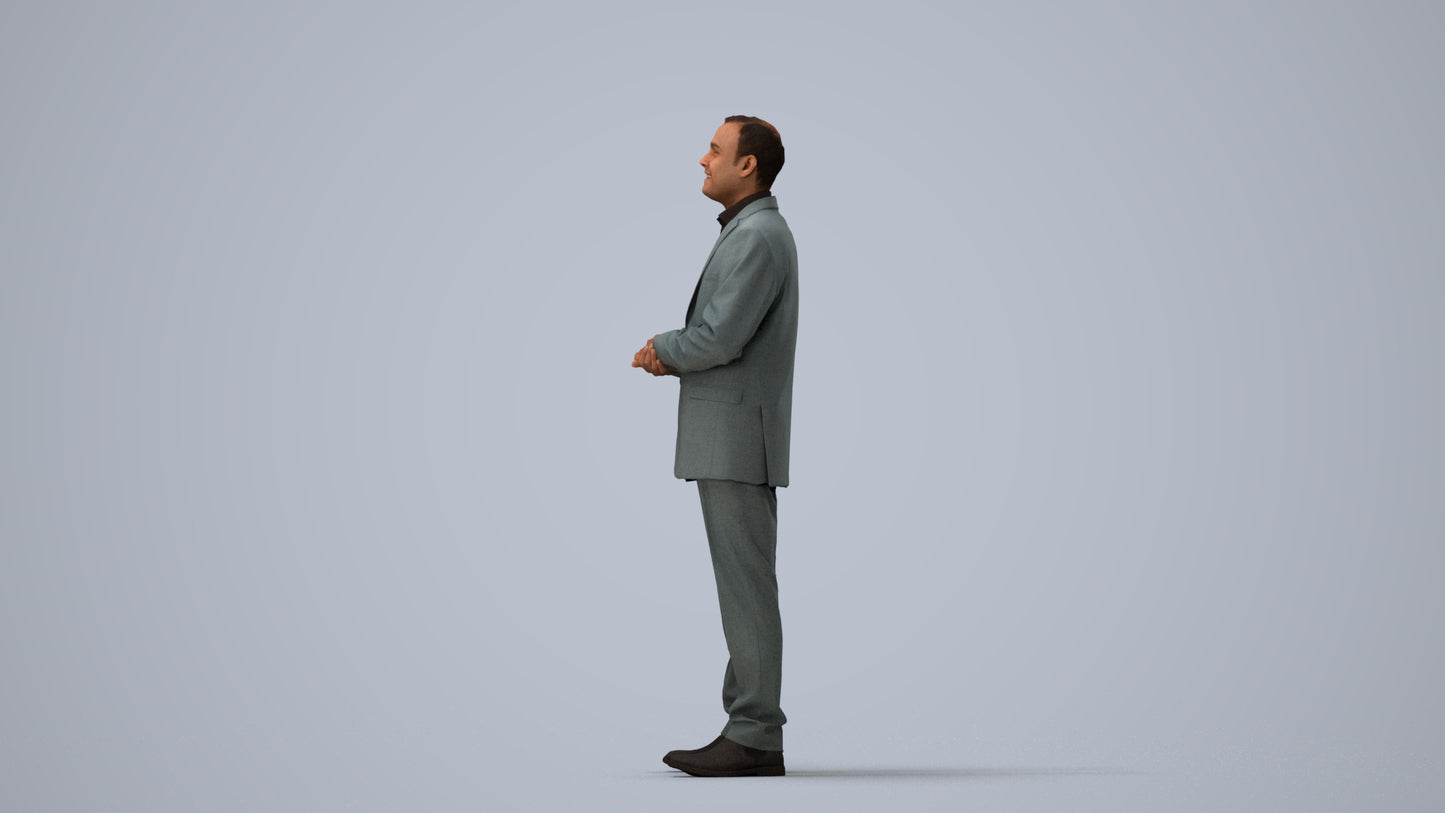 3D human model man business, photogrammetry scanned person for archviz, three-quarter view render