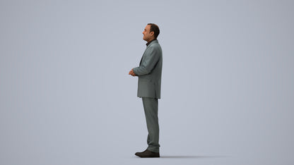 3D human model man business, photogrammetry scanned person for archviz, three-quarter view render