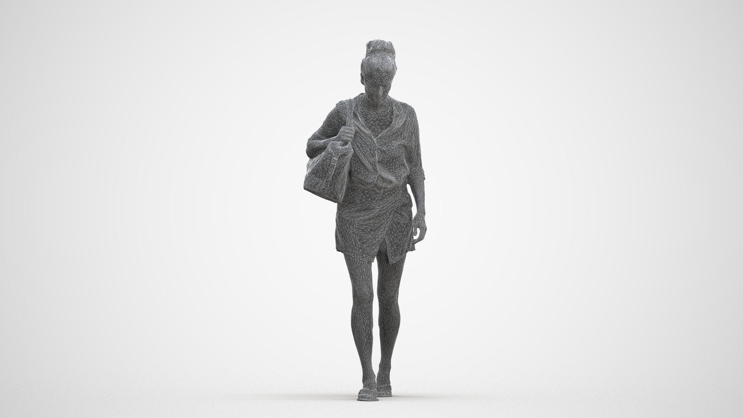 3D human model woman casual walking, photogrammetry scanned person for archviz, three-quarter front view render