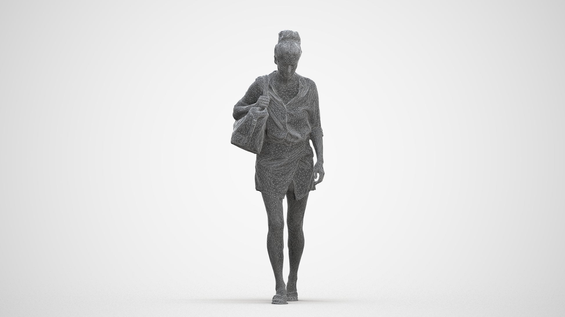 3D human model woman casual walking, photogrammetry scanned person for archviz, three-quarter front view render
