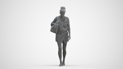 3D human model woman casual walking, photogrammetry scanned person for archviz, three-quarter front view render