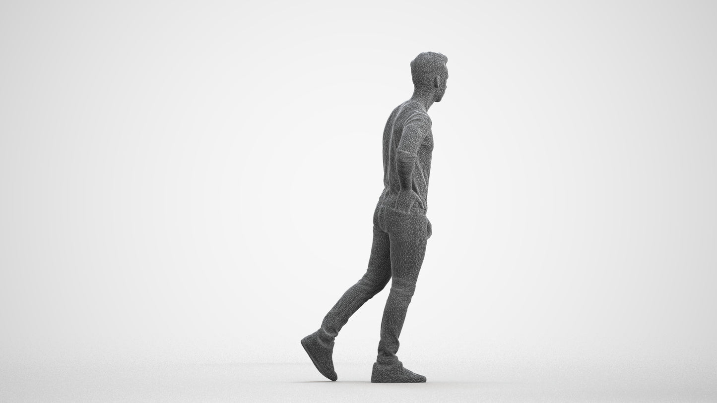 3D human model man casual walking, photogrammetry scanned person for archviz, wireframe front view