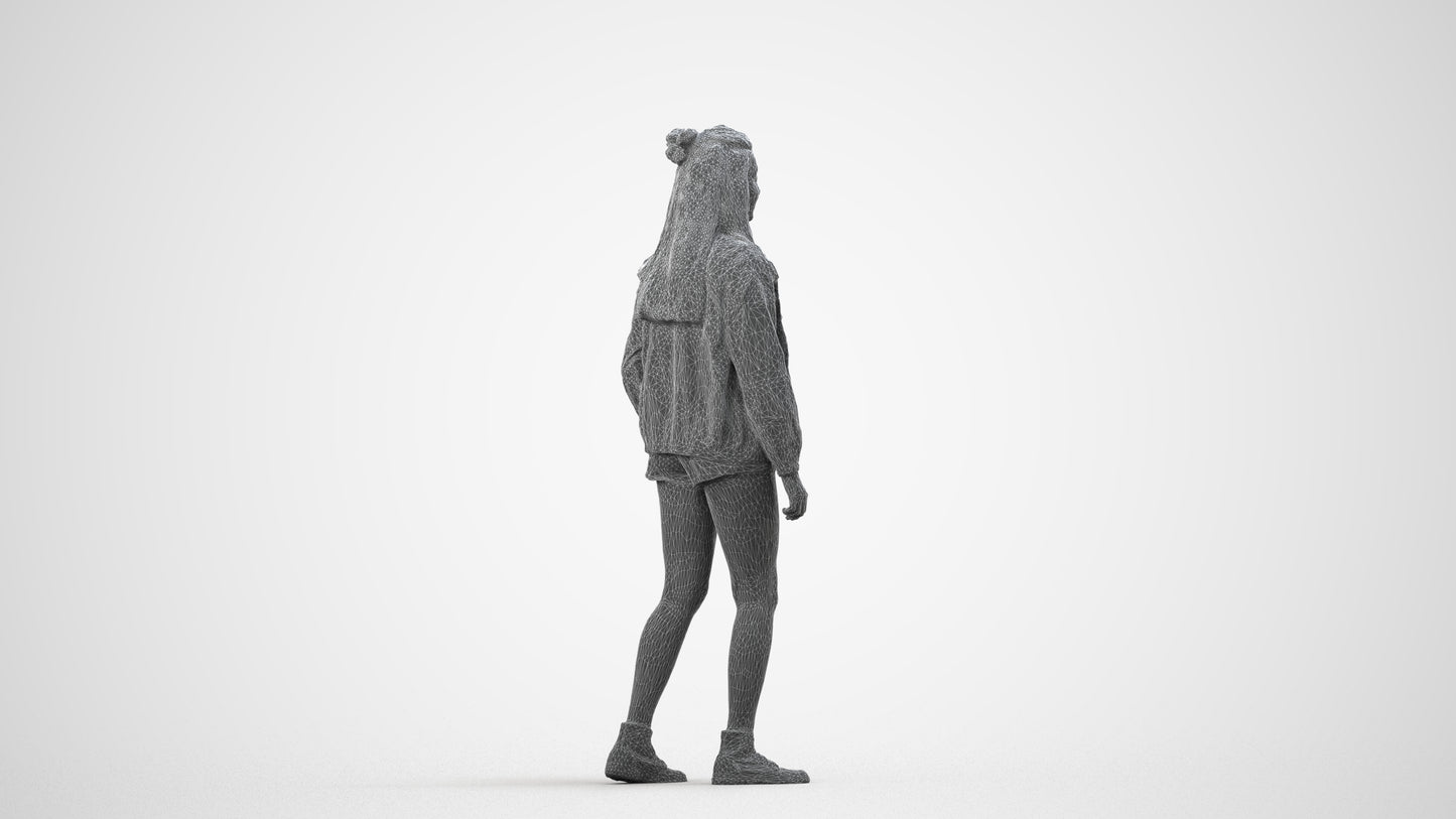 photogrammetry 3D woman casual standing, realistic human model archviz FBX, wireframe side view