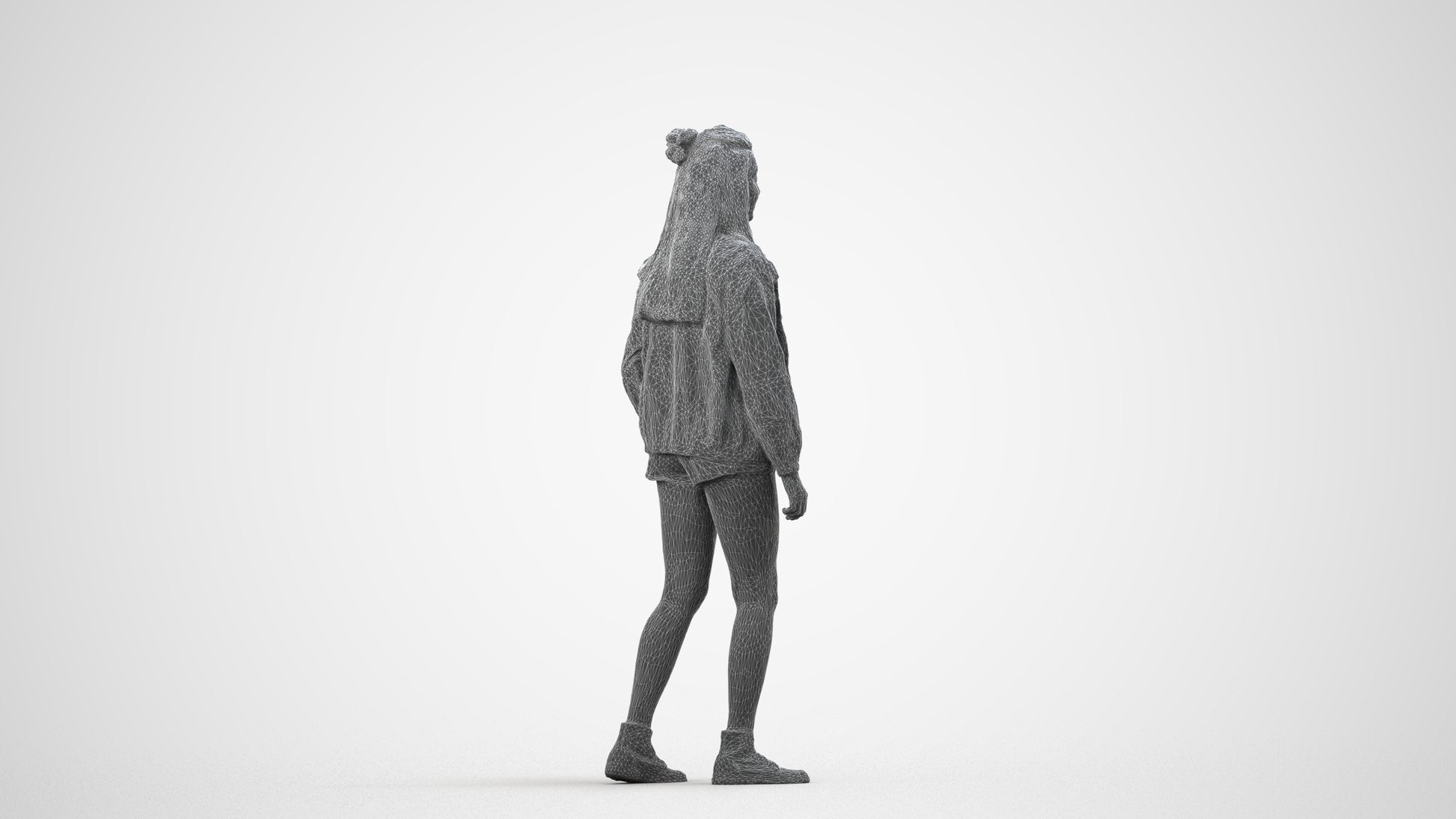 photogrammetry 3D woman casual standing, realistic human model archviz FBX, wireframe side view