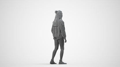 photogrammetry 3D woman casual standing, realistic human model archviz FBX, wireframe side view