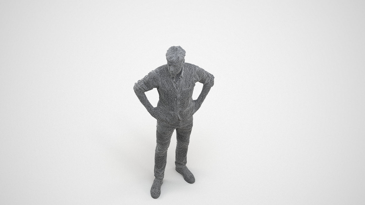 realistic 3D man casual standing, scanned archviz people for Blender and 3ds Max, wireframe three-quarter view