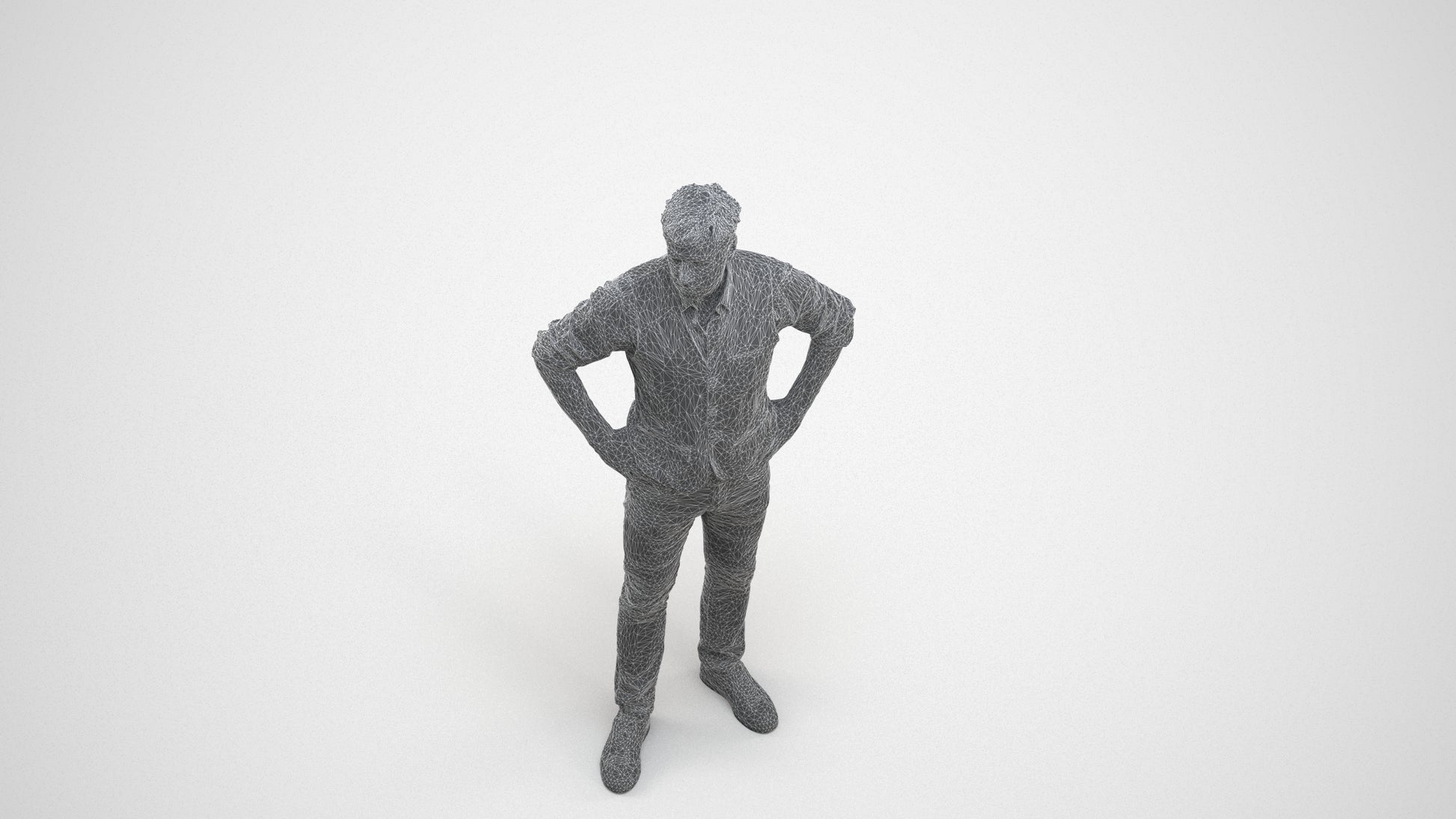 realistic 3D man casual standing, scanned archviz people for Blender and 3ds Max, wireframe three-quarter view