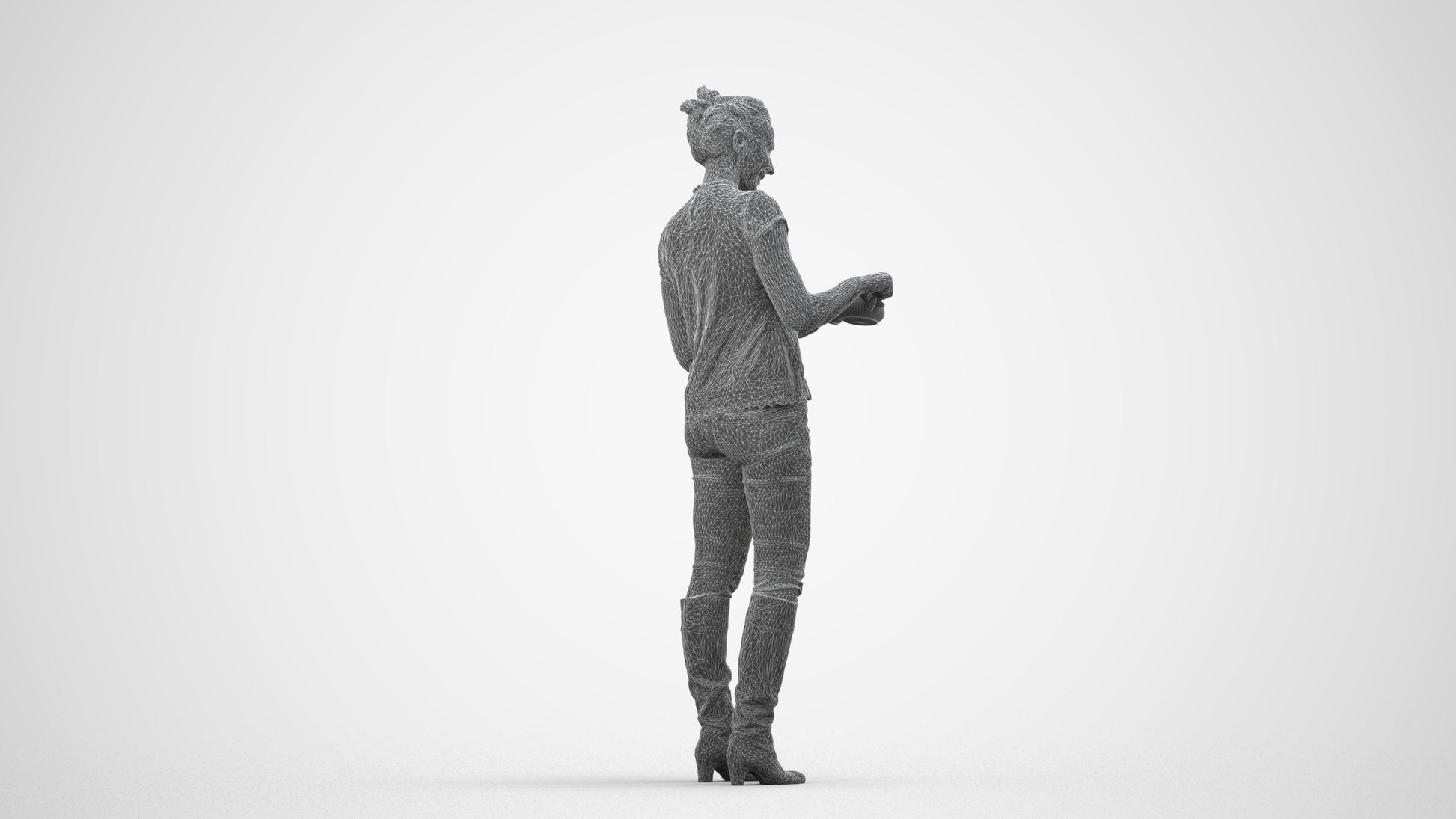 realistic 3D woman casual standing, scanned archviz people for Blender and 3ds Max, wireframe side view