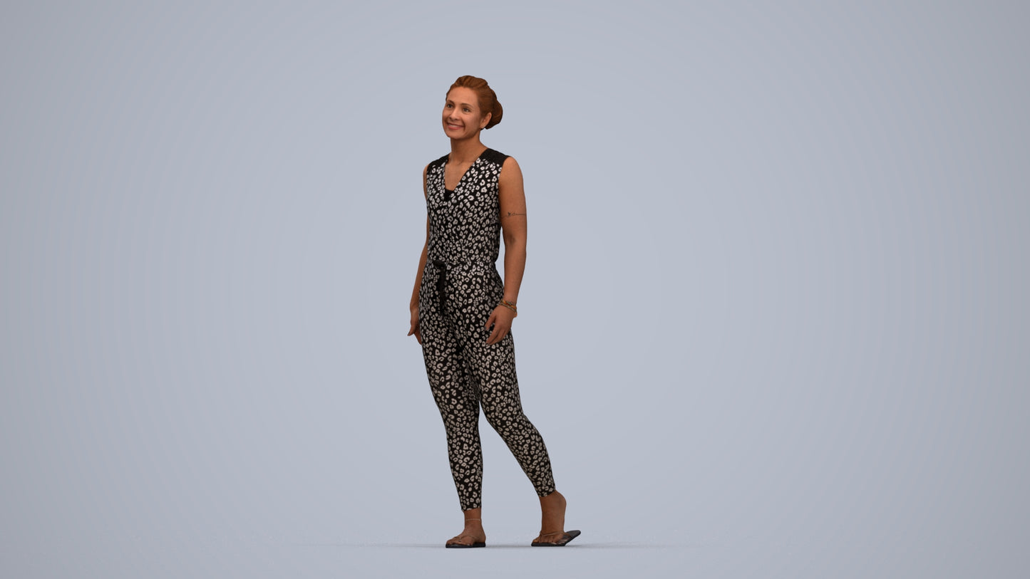 3D human model woman casual walking, photogrammetry scanned person for archviz, top-down view render