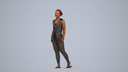 3D human model woman casual walking, photogrammetry scanned person for archviz, top-down view render