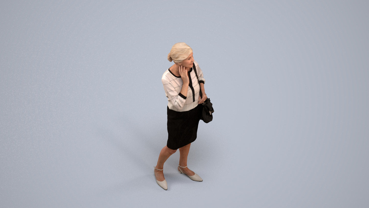 realistic 3D human senior woman business standing, archviz people FBX OBJ for Blender, back view render