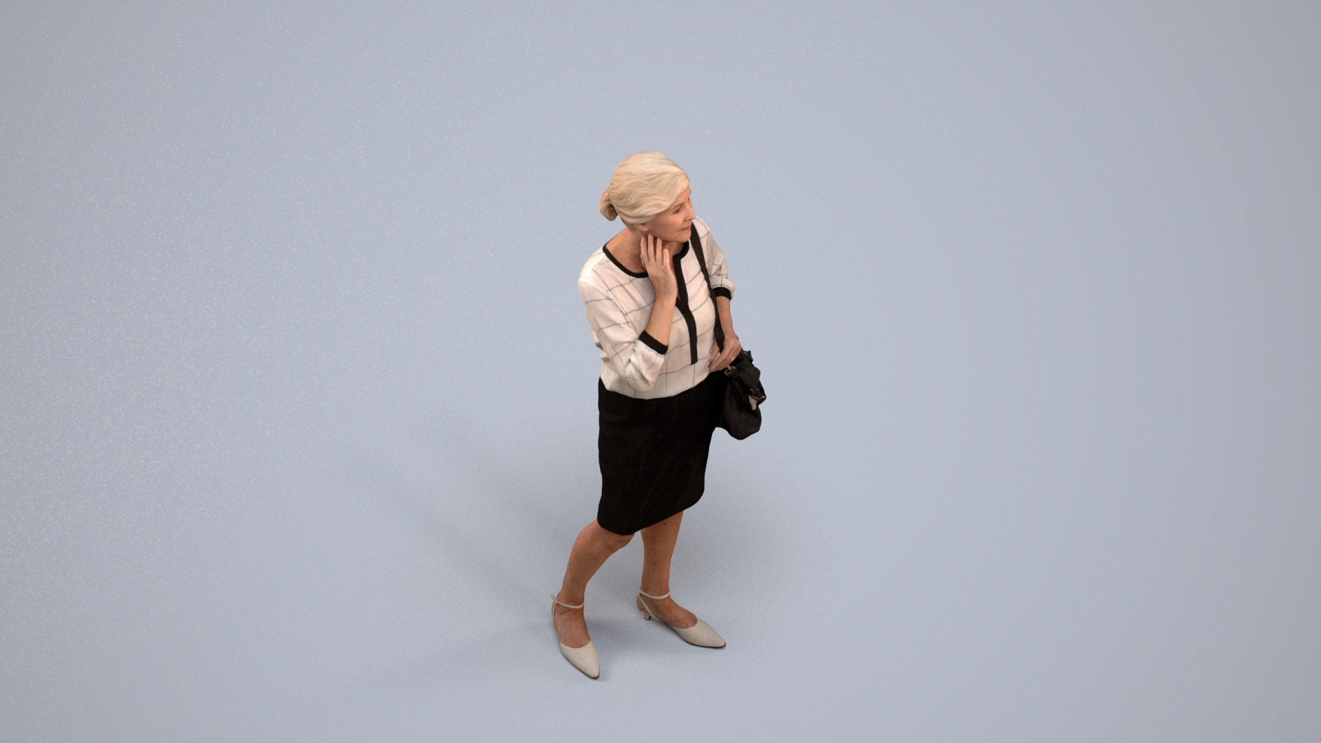 realistic 3D human senior woman business standing, archviz people FBX OBJ for Blender, back view render