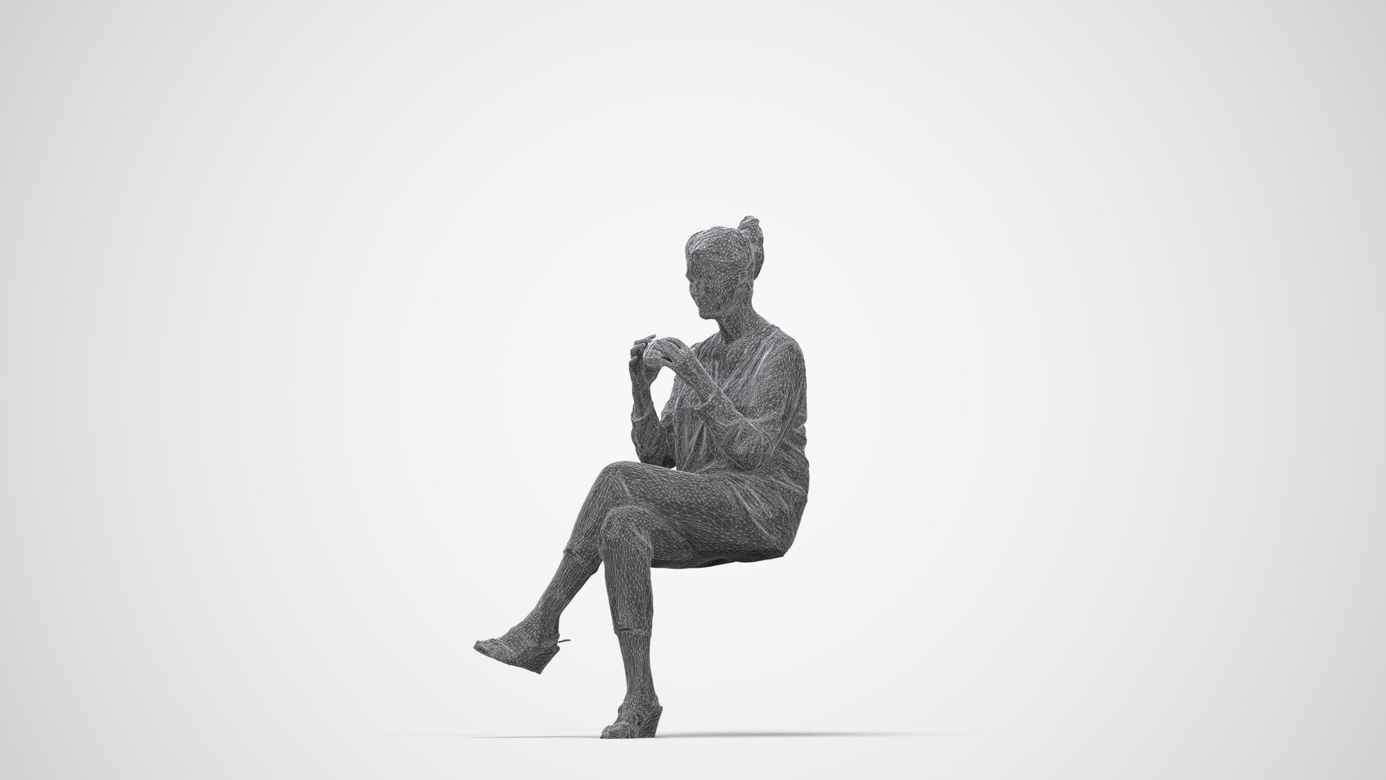 photogrammetry 3D woman casual sitting, realistic human model archviz FBX, wireframe back view