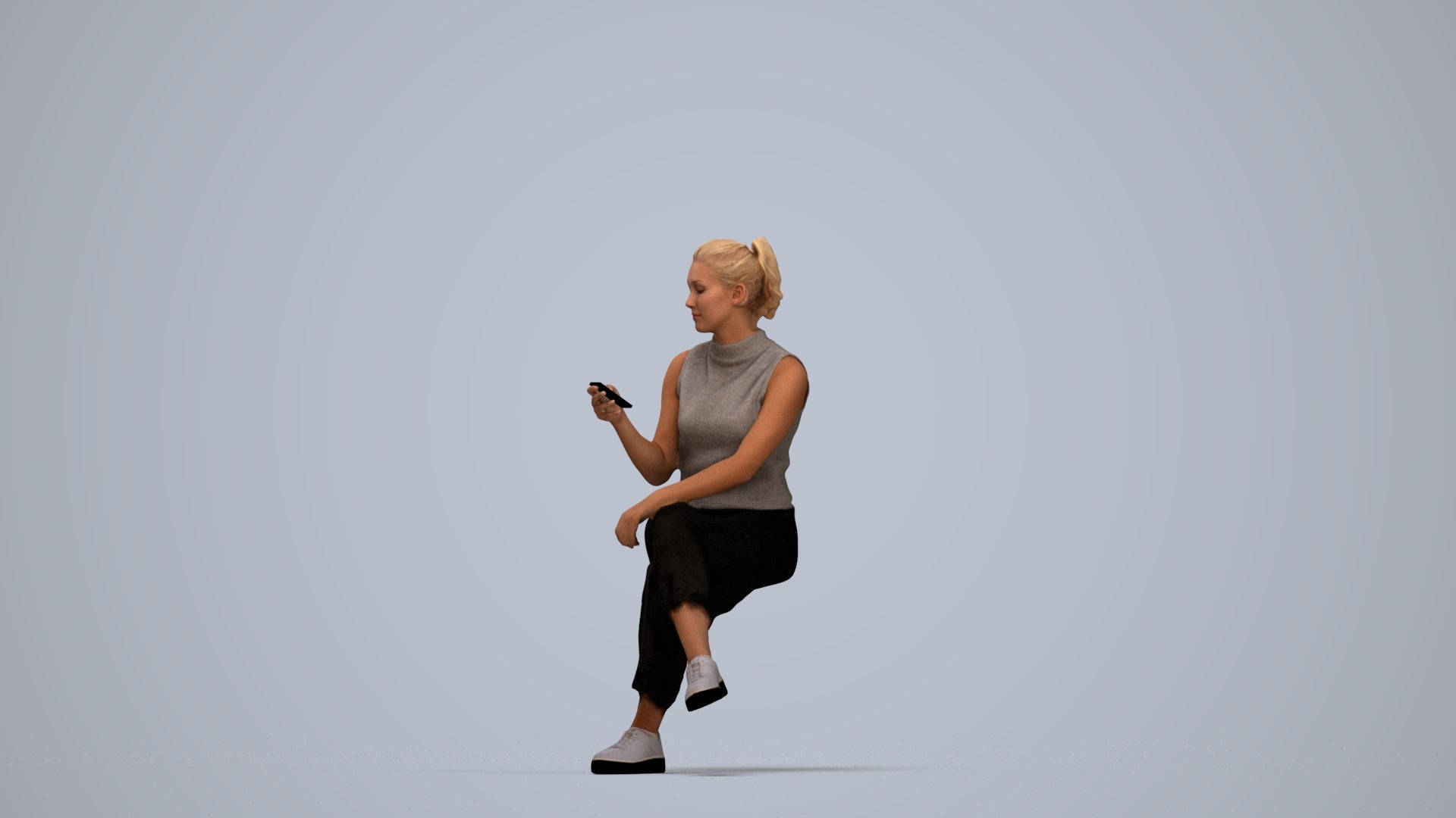 photogrammetry 3D woman casual sitting, realistic human model archviz FBX, top-down view render