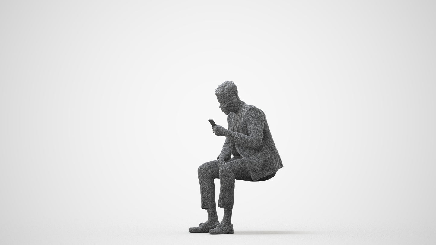 realistic 3D man casual sitting, scanned archviz people for Blender and 3ds Max, square thumbnail