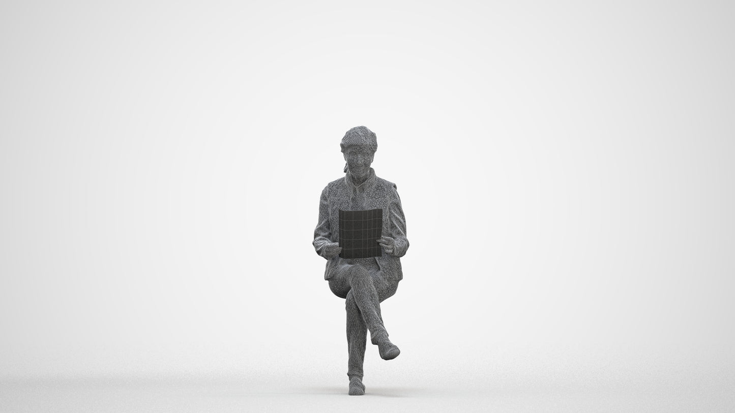 realistic 3D human senior woman casual sitting, archviz people FBX OBJ for Blender, three-quarter front view render