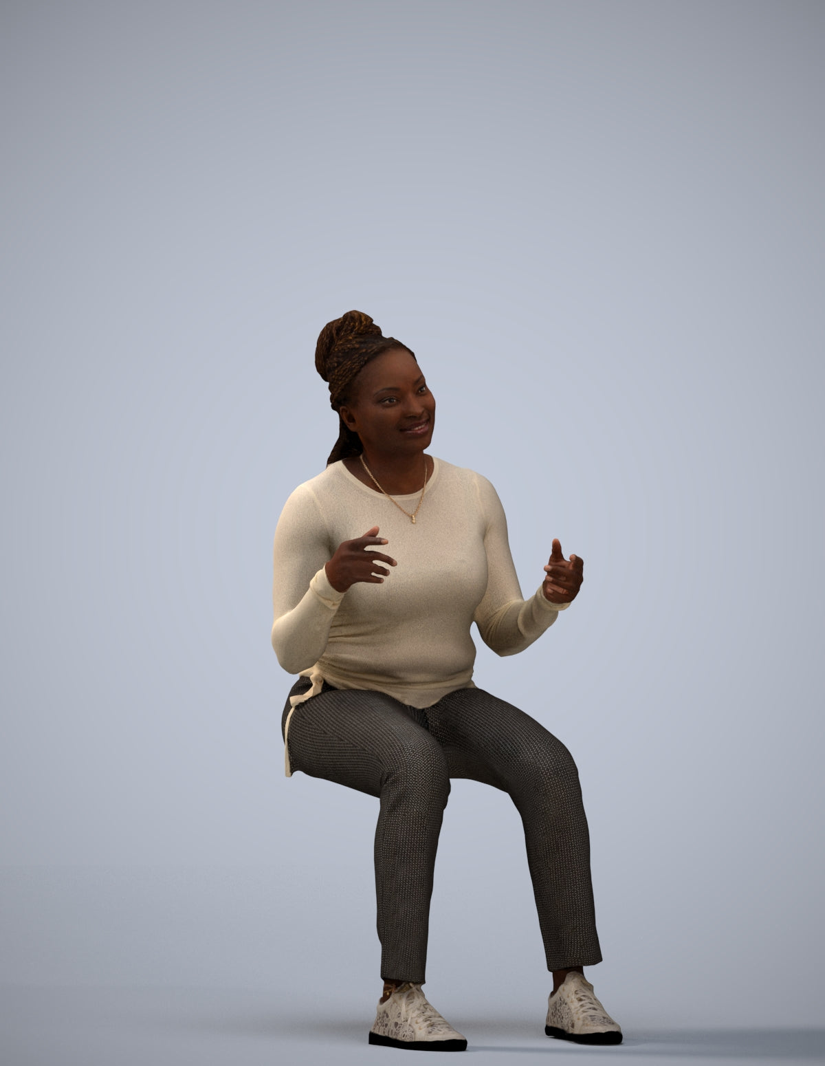 3D human model woman casual sitting, photogrammetry scanned person for archviz