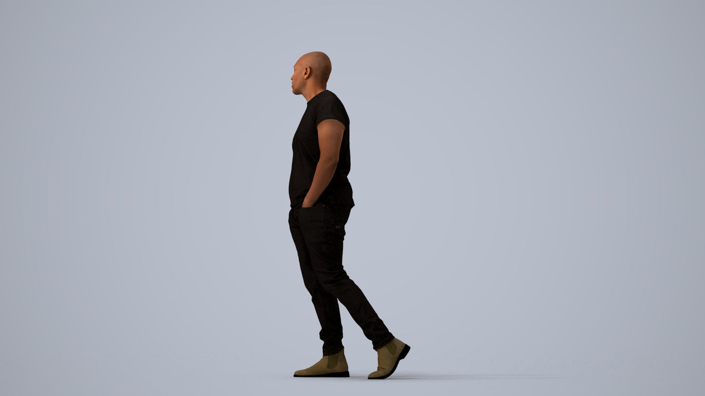 3D scanned man walking casual, photorealistic archviz people for Enscape and SketchUp, three-quarter view render