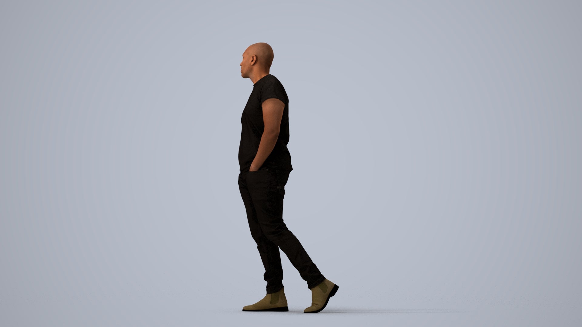 3D scanned man walking casual, photorealistic archviz people for Enscape and SketchUp, three-quarter view render