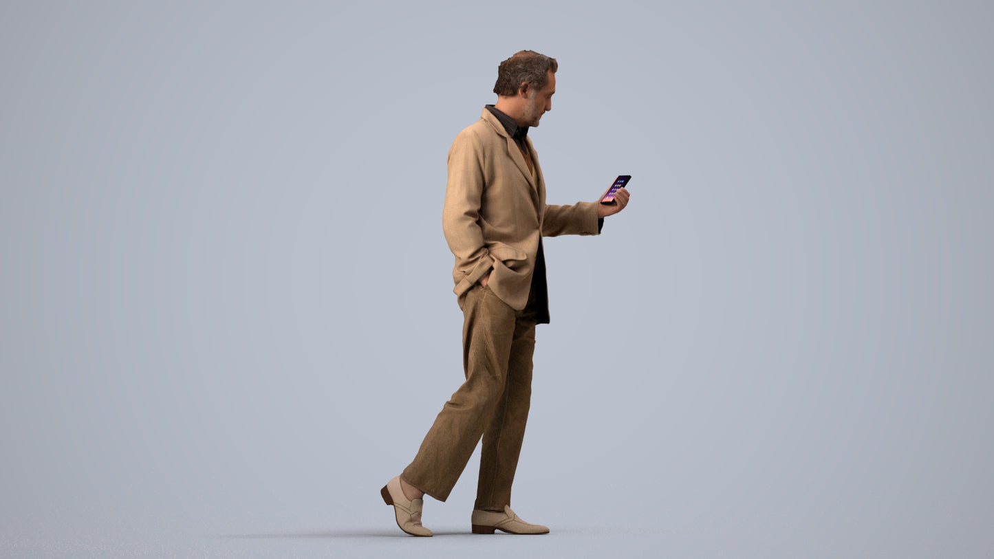 realistic 3D human man business walking, archviz people FBX OBJ for Blender, side view render