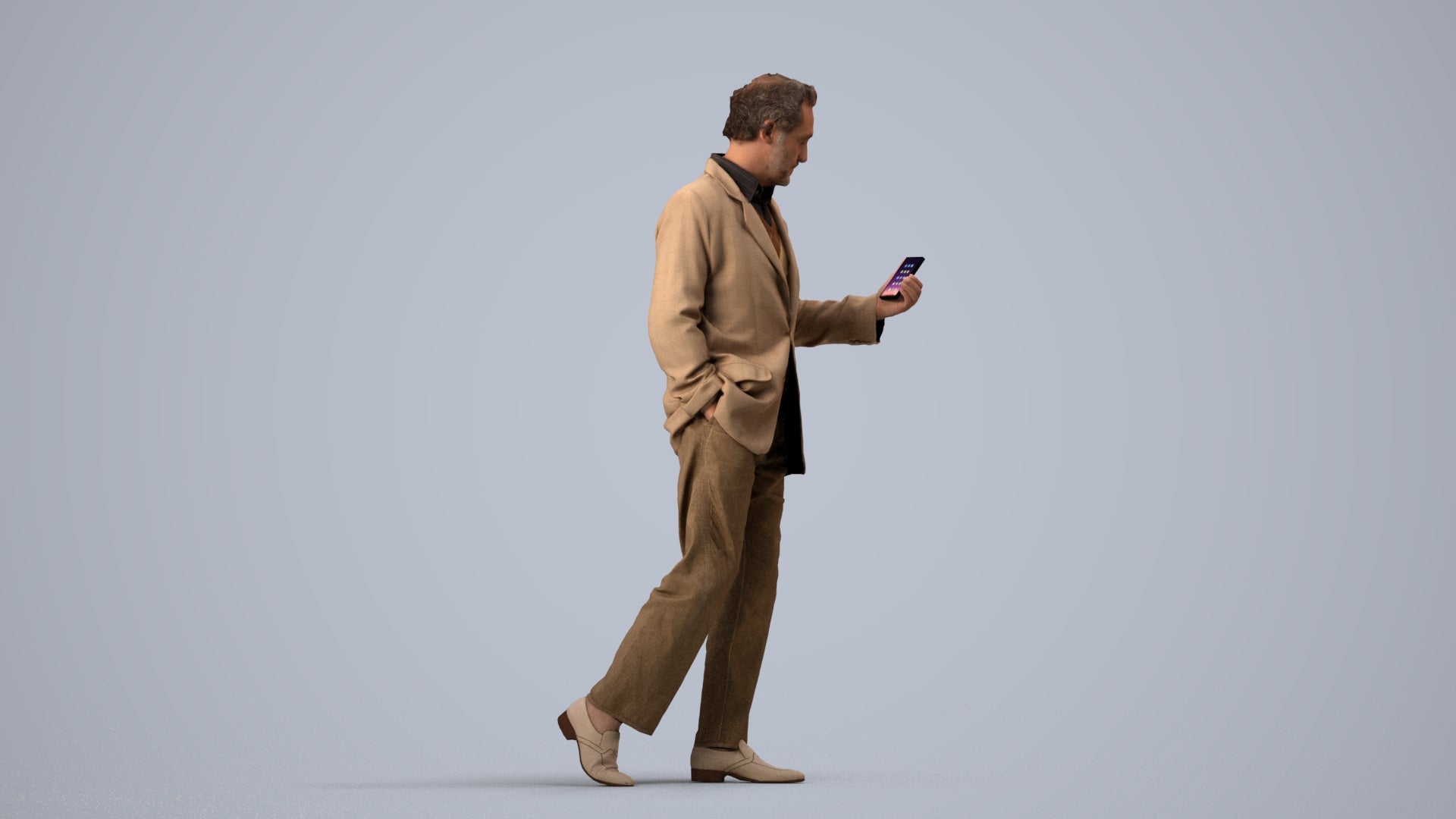 realistic 3D human man business walking, archviz people FBX OBJ for Blender, side view render
