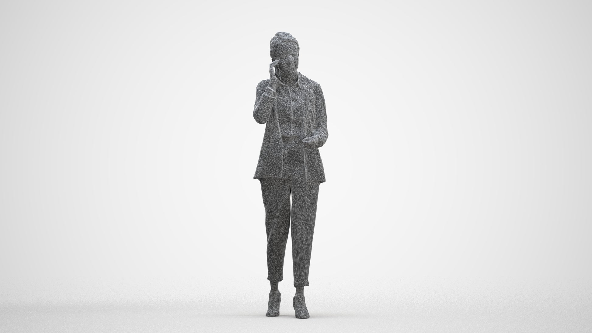 3D human model woman business, photogrammetry scanned person for archviz, three-quarter front view render