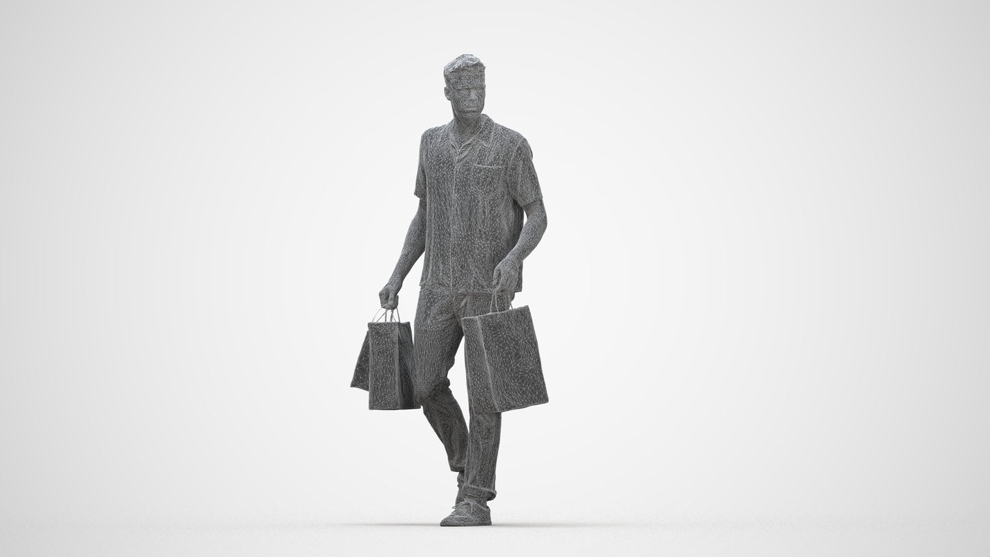 3D human model man casual shopping, photogrammetry scanned person for archviz, wireframe back view