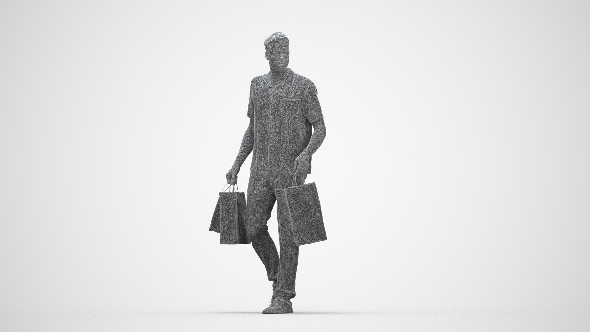 3D human model man casual shopping, photogrammetry scanned person for archviz, wireframe back view