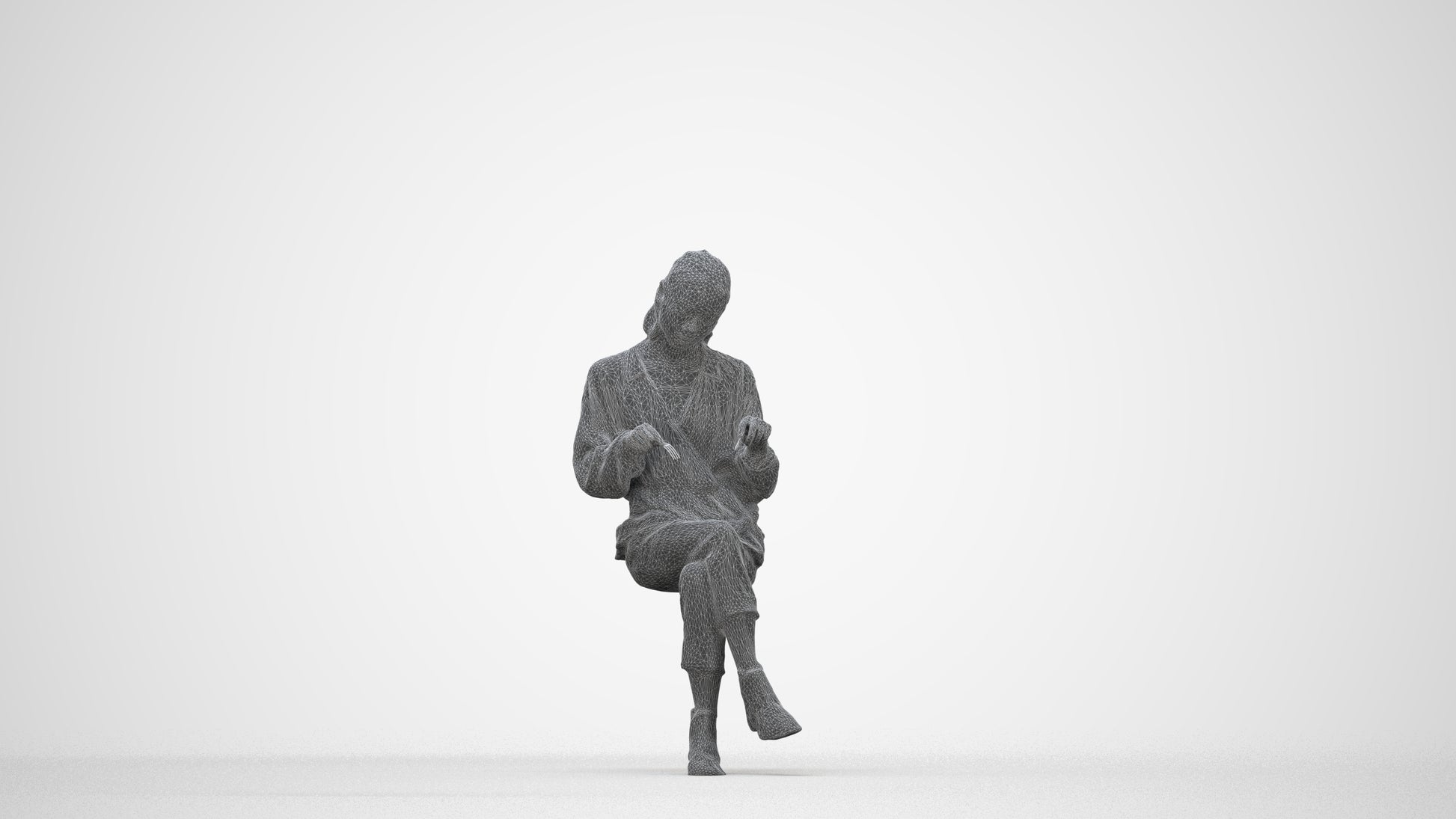 realistic 3D woman casual sitting, scanned archviz people for Blender and 3ds Max, wireframe back view