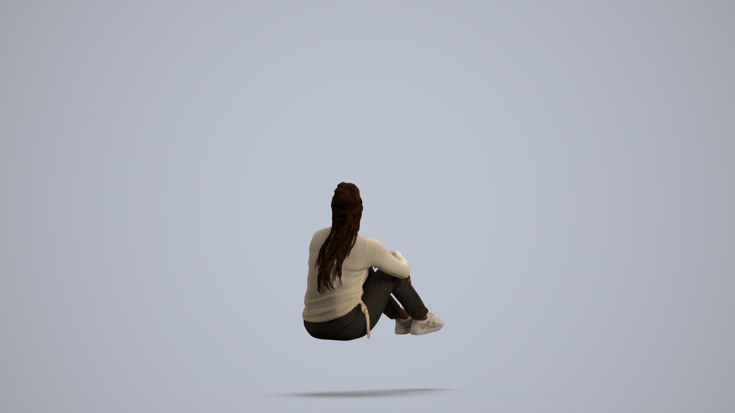 photogrammetry 3D woman casual sitting, realistic human model archviz FBX, front view render
