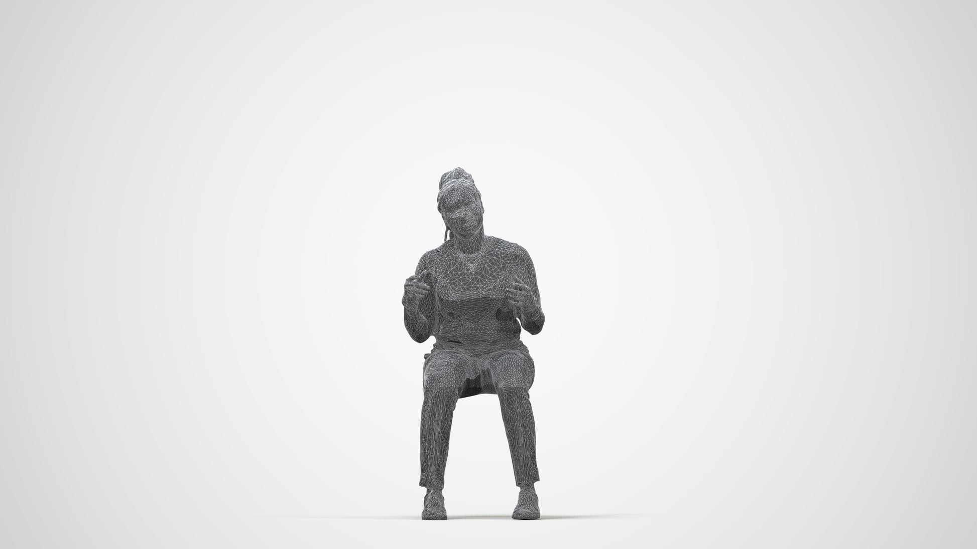 3D human model woman casual sitting, photogrammetry scanned person for archviz, wireframe back view