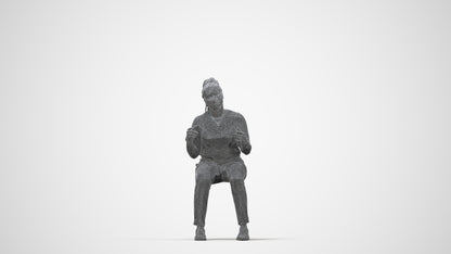 3D human model woman casual sitting, photogrammetry scanned person for archviz, wireframe back view