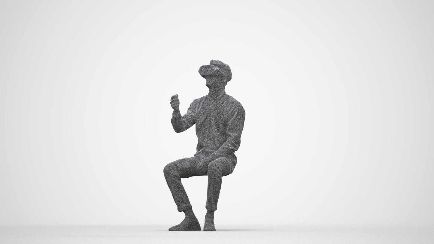 scanned 3D man casual sitting, photogrammetry people for Enscape and V-Ray, wireframe back view