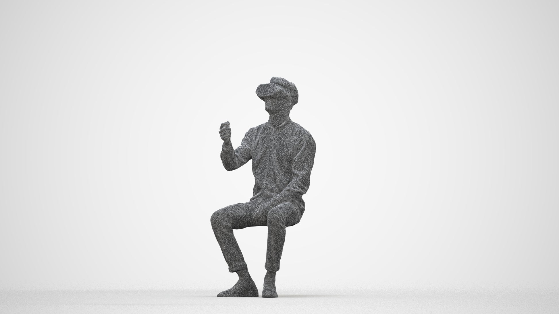 scanned 3D man casual sitting, photogrammetry people for Enscape and V-Ray, wireframe back view