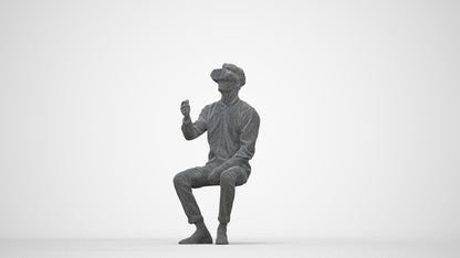 scanned 3D man casual sitting, photogrammetry people for Enscape and V-Ray, wireframe back view
