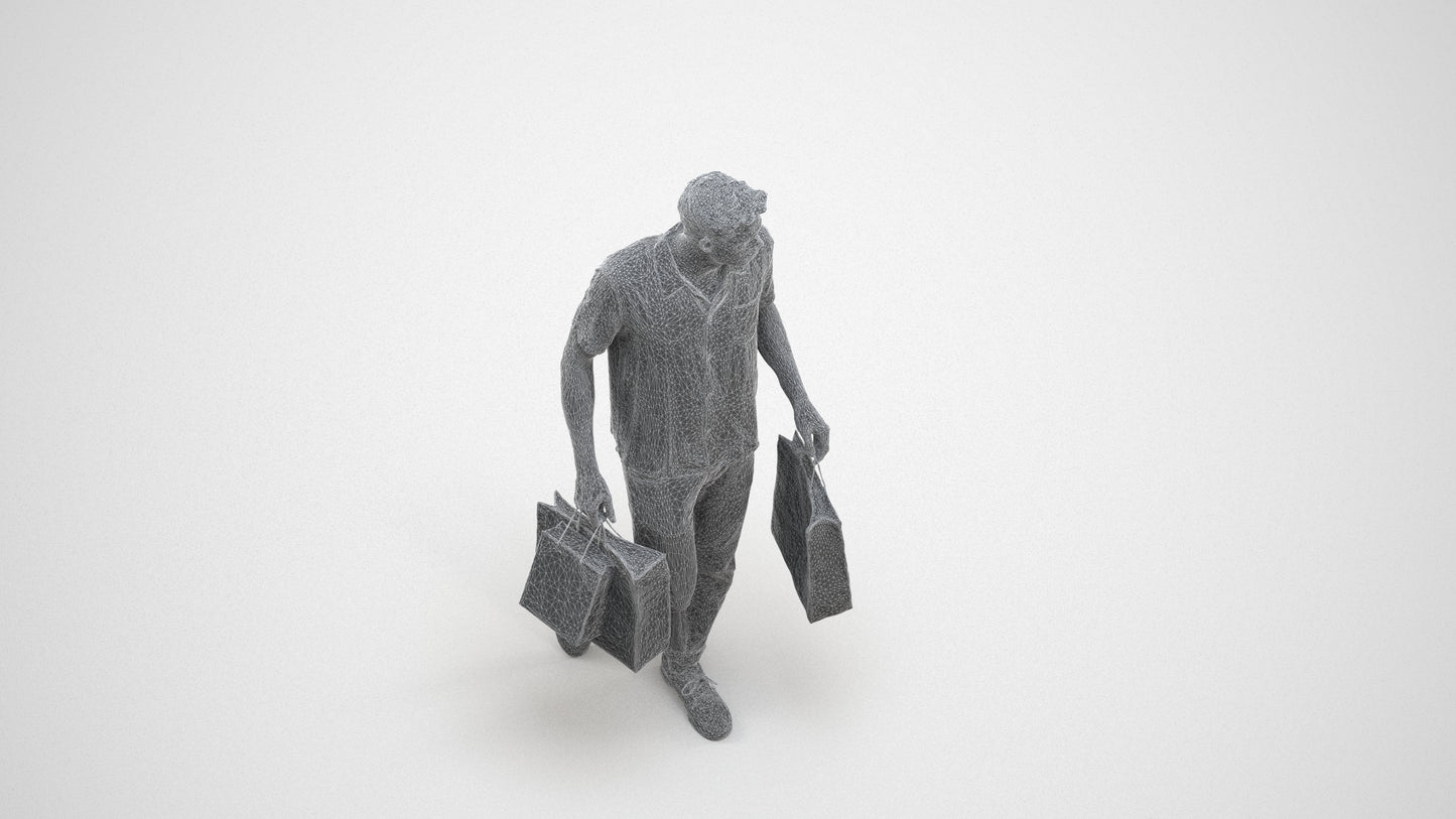 3D human model man casual shopping, photogrammetry scanned person for archviz, wireframe three-quarter view