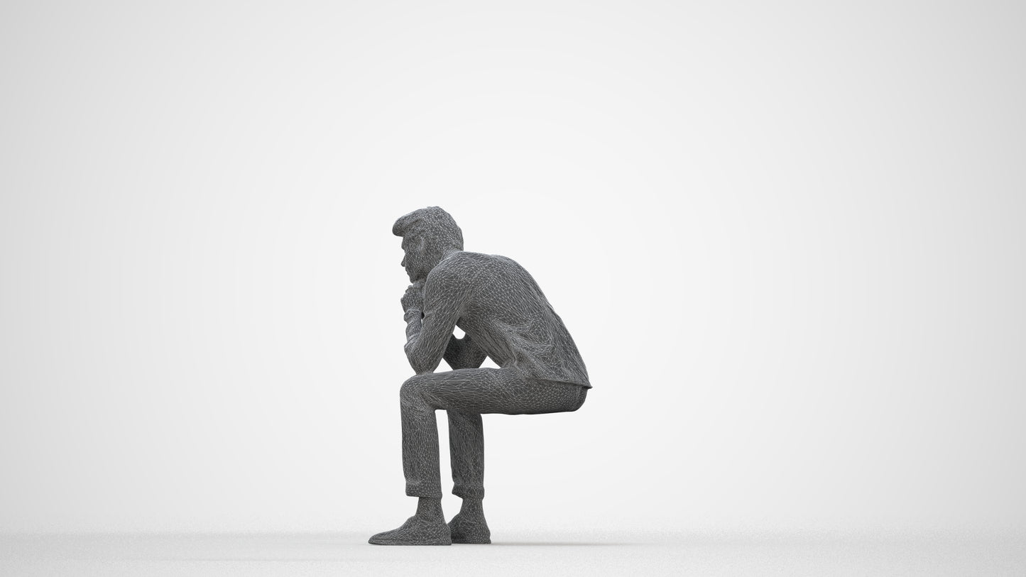 3D people model man casual sitting, scanned human for 3ds Max rendering, wireframe back view